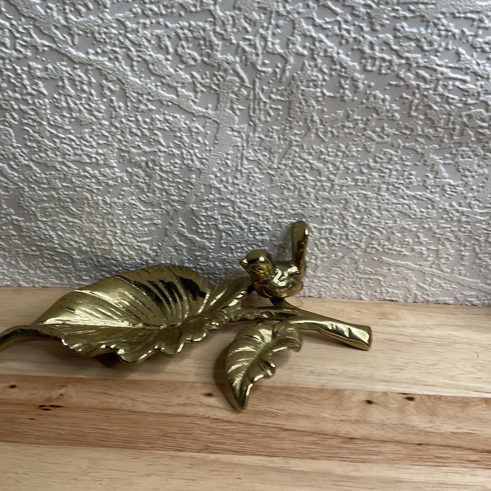 Vintage Gold  Brass Trinket Dish Jewelry Holder Leaf Small Bird Water Bowl - Picture 2 of 15